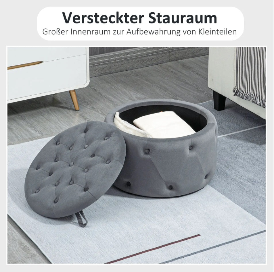 Großer Runder Hocker mit Staufach (Ø60 cm) – Ottomane in Grau Samtoptik mit Knopf-Steppdesign