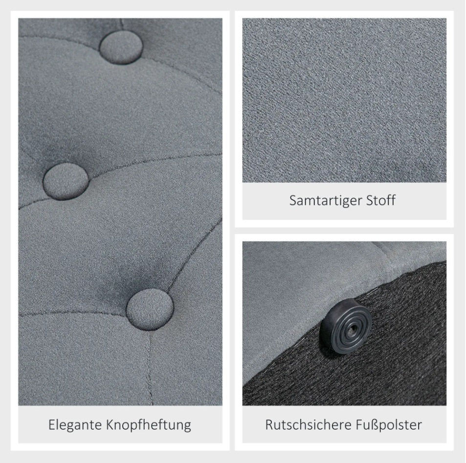 Großer Runder Hocker mit Staufach (Ø60 cm) – Ottomane in Grau Samtoptik mit Knopf-Steppdesign