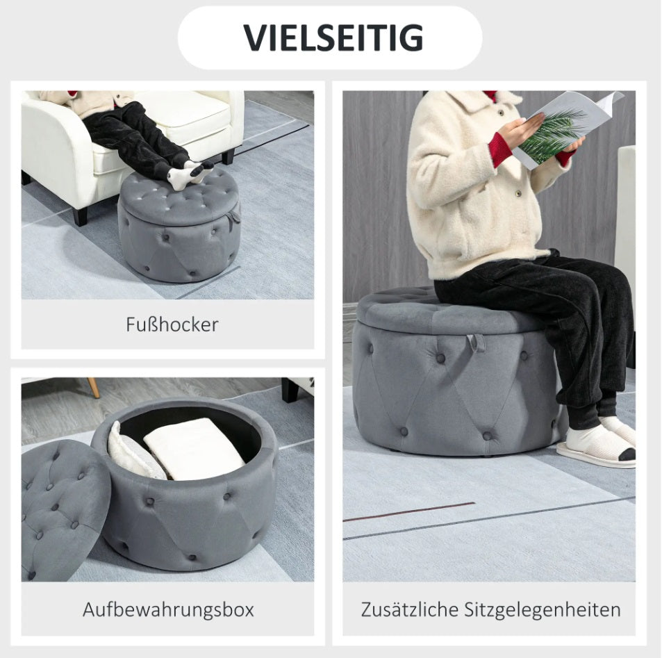 Großer Runder Hocker mit Staufach (Ø60 cm) – Ottomane in Grau Samtoptik mit Knopf-Steppdesign