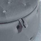 Großer Runder Hocker mit Staufach (Ø60 cm) – Ottomane in Grau Samtoptik mit Knopf-Steppdesign