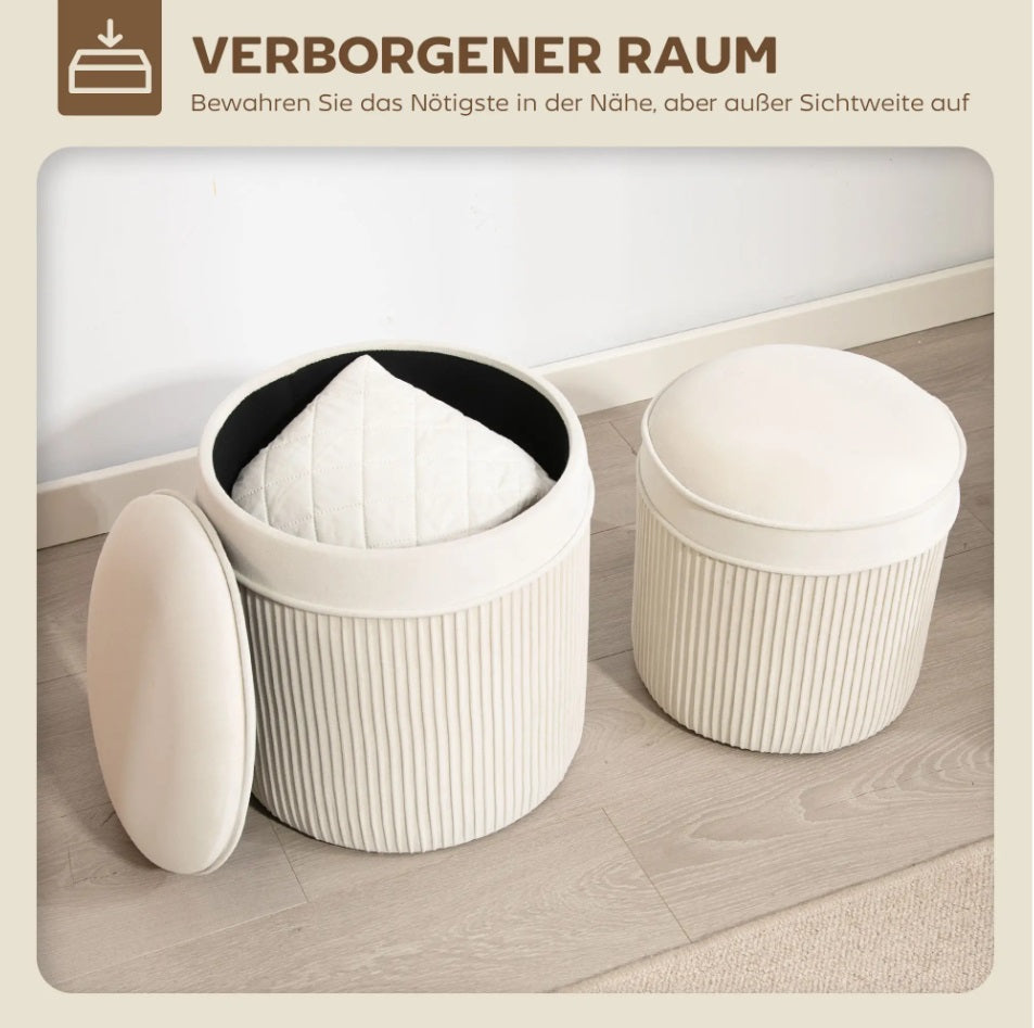 2er Set Sitzhocker mit Stauraum Cremeweiß – Verschachtelbare Ottomane im Plissee-Design