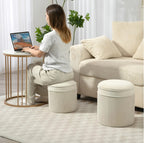 2er Set Sitzhocker mit Stauraum Cremeweiß – Verschachtelbare Ottomane im Plissee-Design