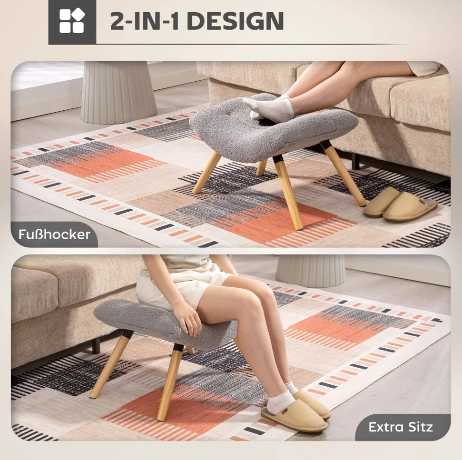 Moderner Fußhocker Hellgrau (67 cm) – Geschwungener Sitzhocker mit Fleece-Bezug und Buchenholzbeinen