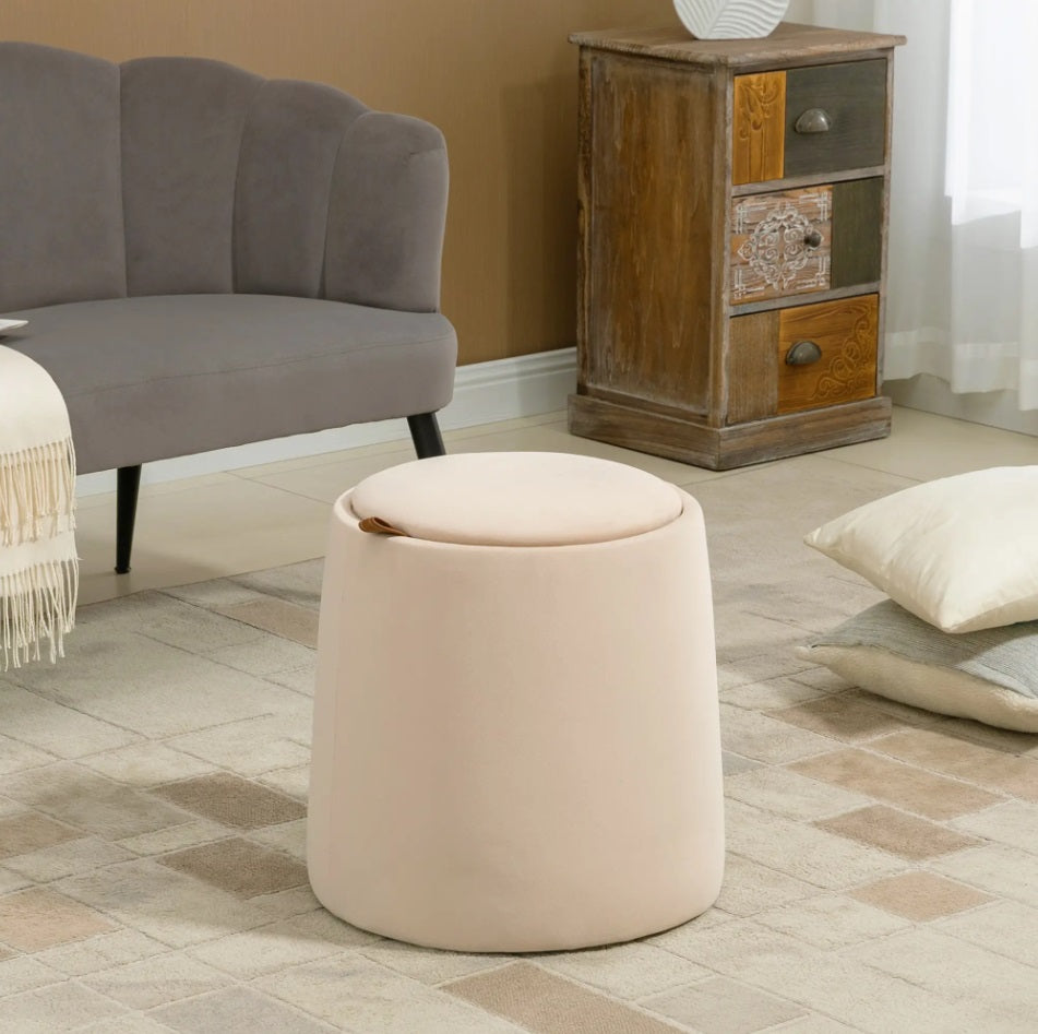 2-in-1 Hocker Beige Samtoptik – Runder Sitzhocker mit Stauraum und Tablett-Deckel