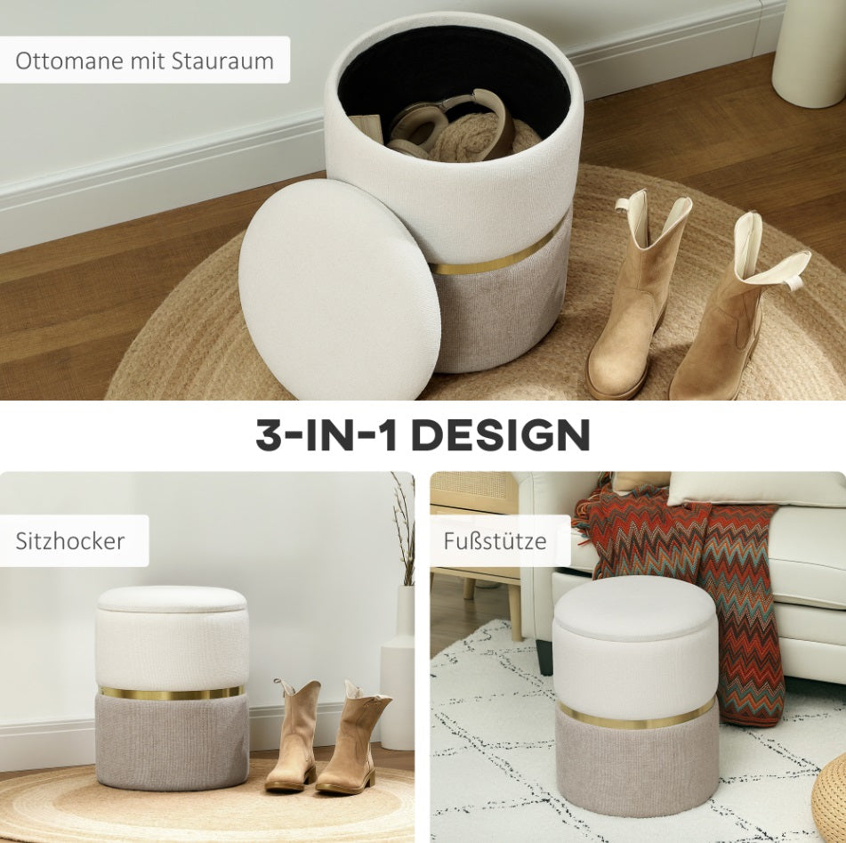 Sitzhocker Cremeweiß mit Stauraum (30,6 L) – Zweifarbige Chenille-Ottomane mit Metallring