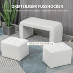 3-teiliges Fußhocker-Set Creme (89 cm) – Platzsparende Sitzbank mit 2 Hockern und Knopfheftung