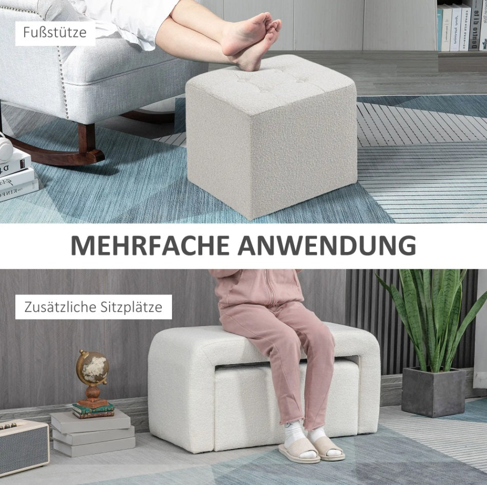 3-teiliges Fußhocker-Set Creme (89 cm) – Platzsparende Sitzbank mit 2 Hockern und Knopfheftung