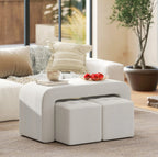 3-teiliges Fußhocker-Set Creme (89 cm) – Platzsparende Sitzbank mit 2 Hockern und Knopfheftung