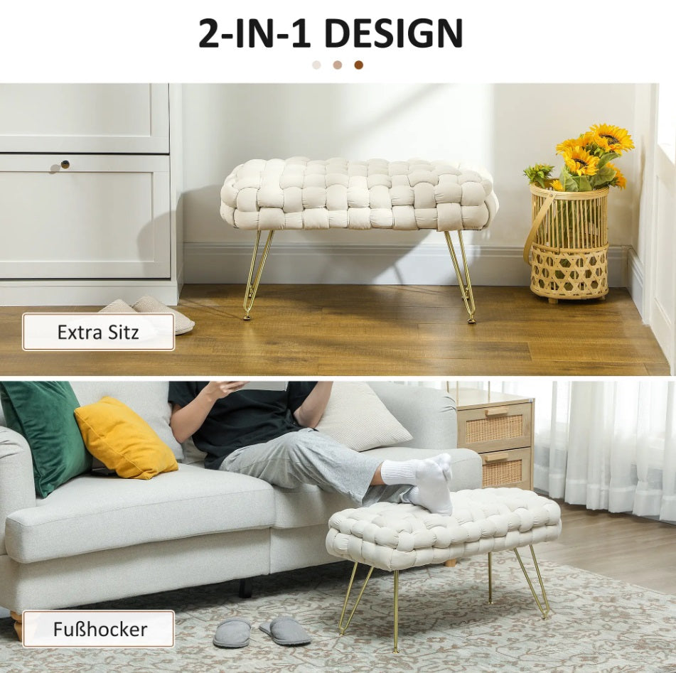 Moderner Sitzhocker Cremeweiß (76 cm) – Polsterhocker in Kreuzgewebter Samtoptik mit Metallbeinen
