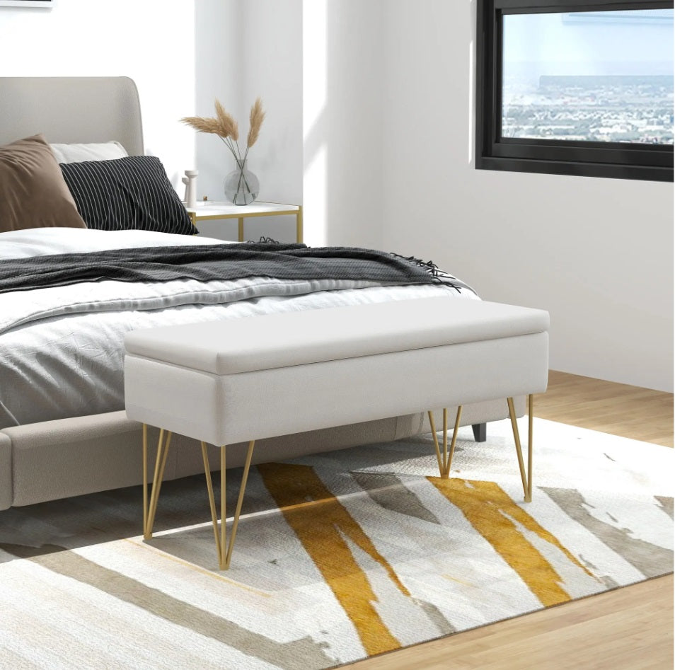 Bettbank mit Stauraum Creme (100 cm) – Leinenoptik Sitzbank mit Goldenen Haarnadelbeinen