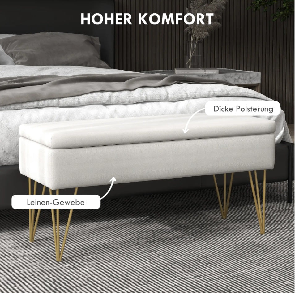 Bettbank mit Stauraum Creme (100 cm) – Leinenoptik Sitzbank mit Goldenen Haarnadelbeinen