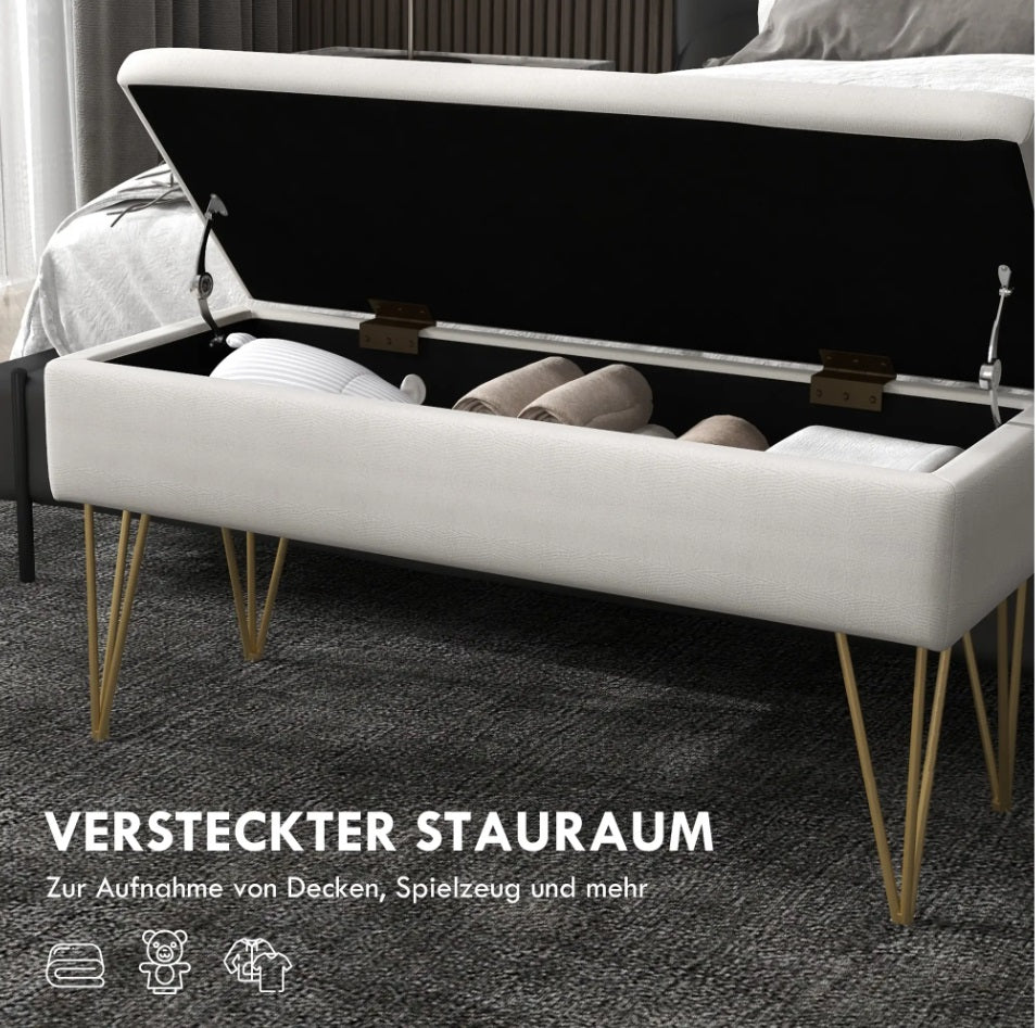 Bettbank mit Stauraum Creme (100 cm) – Leinenoptik Sitzbank mit Goldenen Haarnadelbeinen