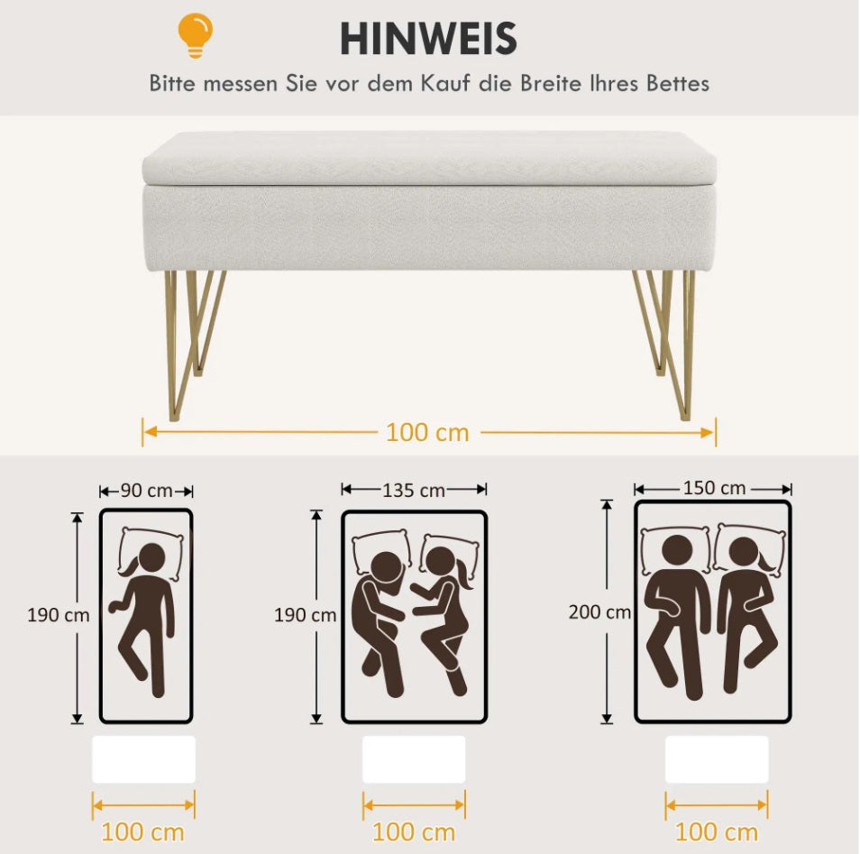 Bettbank mit Stauraum Creme (100 cm) – Leinenoptik Sitzbank mit Goldenen Haarnadelbeinen