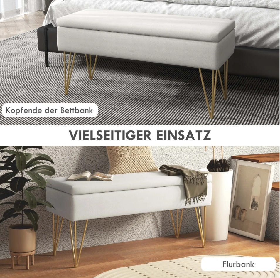 Bettbank mit Stauraum Creme (100 cm) – Leinenoptik Sitzbank mit Goldenen Haarnadelbeinen