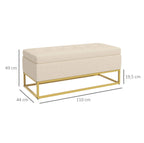 Sitzbank Beige mit Stauraum (110 cm) – Truhenbank in Flanelloptik mit Knopfheftung und Goldfüßen
