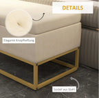 Sitzbank Beige mit Stauraum (110 cm) – Truhenbank in Flanelloptik mit Knopfheftung und Goldfüßen