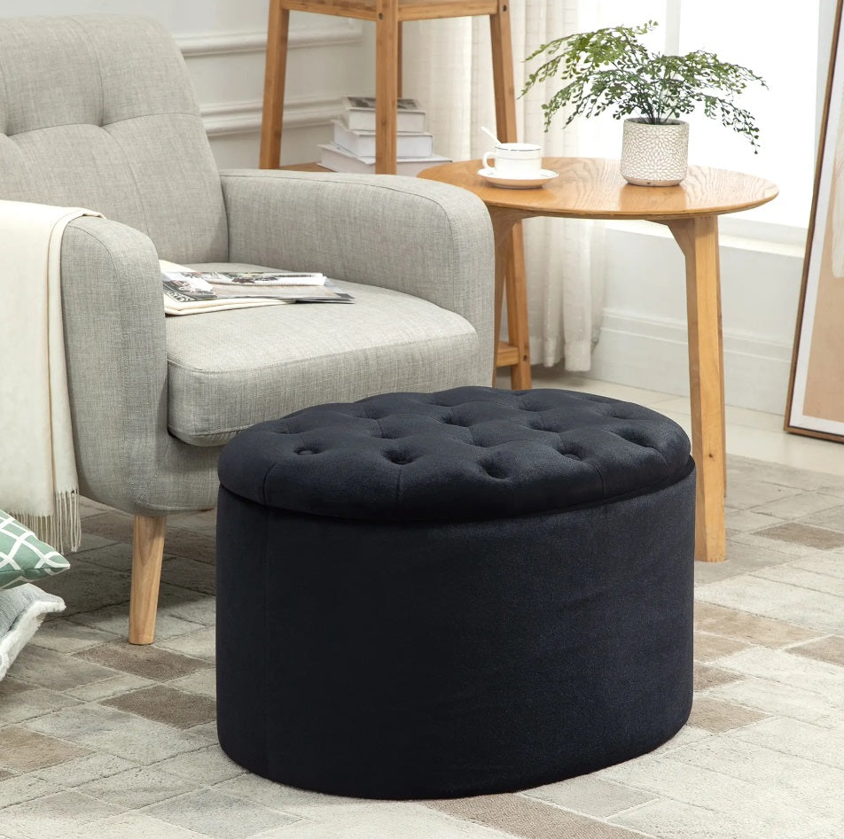 Ovale Sitzbank Schwarz mit Stauraum (71 cm) – Samtoptik Truhenbank mit Knopfleiste