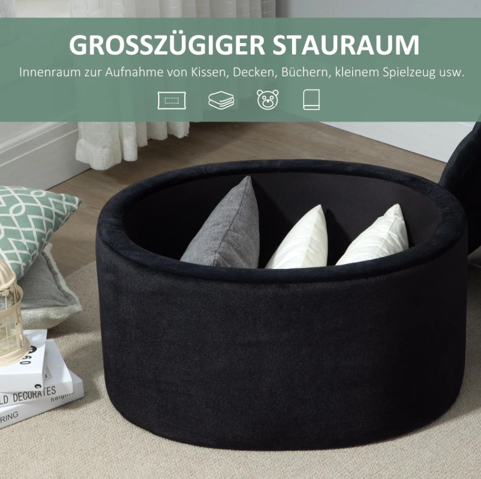 Ovale Sitzbank Schwarz mit Stauraum (71 cm) – Samtoptik Truhenbank mit Knopfleiste