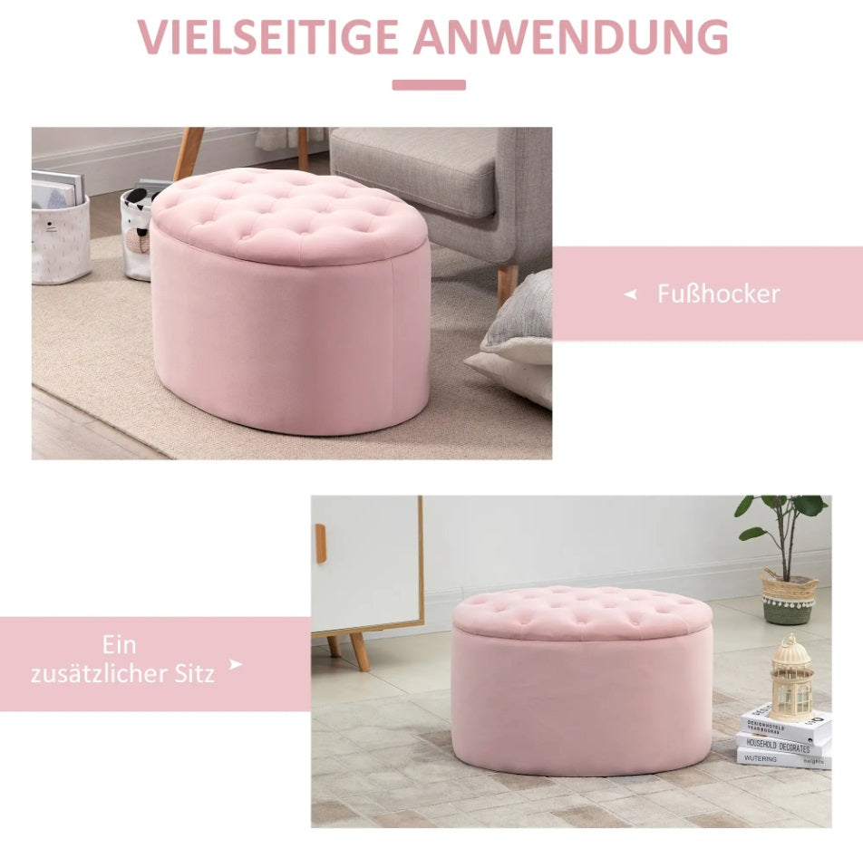 Ovale Sitzbank Rosa mit Stauraum (71 cm) – Samtoptik Truhenbank mit Knopfleiste