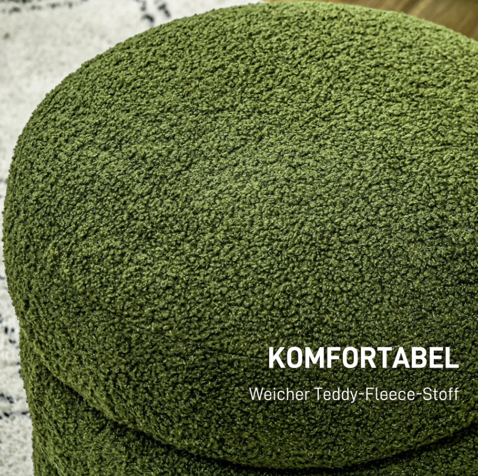 Runder Hocker Grün (Ø40 cm) – Teddyfleece Ottomane mit Holzbeinen und 120 kg Belastbarkeit