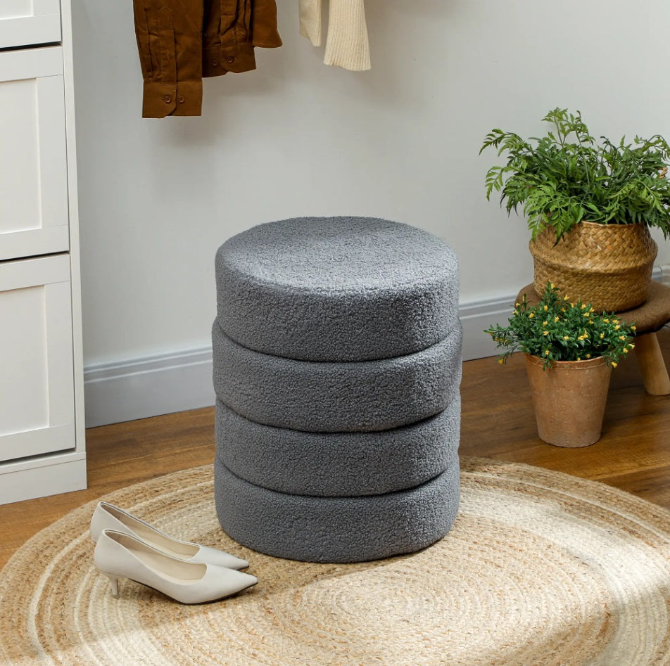 Runder Hocker Dunkelgrau (Ø40 cm) – Teddyfleece Ottomane mit Holzbeinen und 120 kg Belastbarkeit