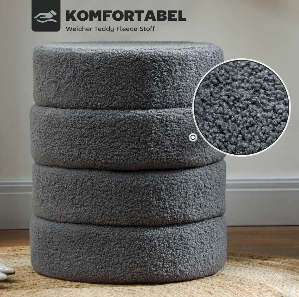 Runder Hocker Dunkelgrau (Ø40 cm) – Teddyfleece Ottomane mit Holzbeinen und 120 kg Belastbarkeit