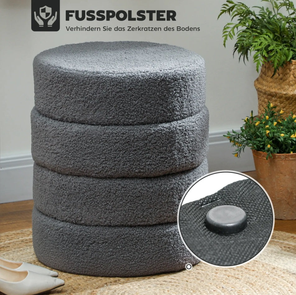 Runder Hocker Dunkelgrau (Ø40 cm) – Teddyfleece Ottomane mit Holzbeinen und 120 kg Belastbarkeit