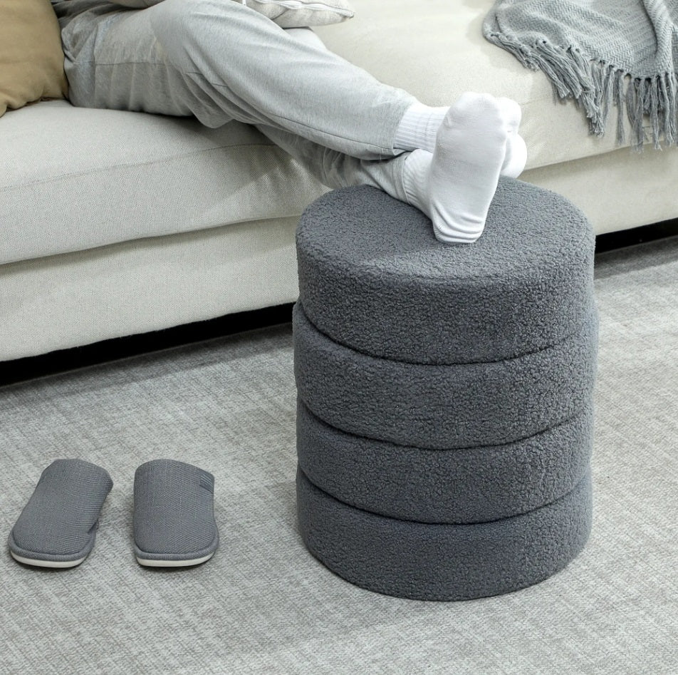 Runder Hocker Dunkelgrau (Ø40 cm) – Teddyfleece Ottomane mit Holzbeinen und 120 kg Belastbarkeit