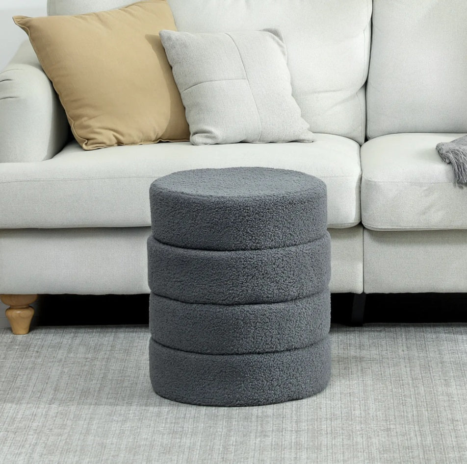 Runder Hocker Dunkelgrau (Ø40 cm) – Teddyfleece Ottomane mit Holzbeinen und 120 kg Belastbarkeit