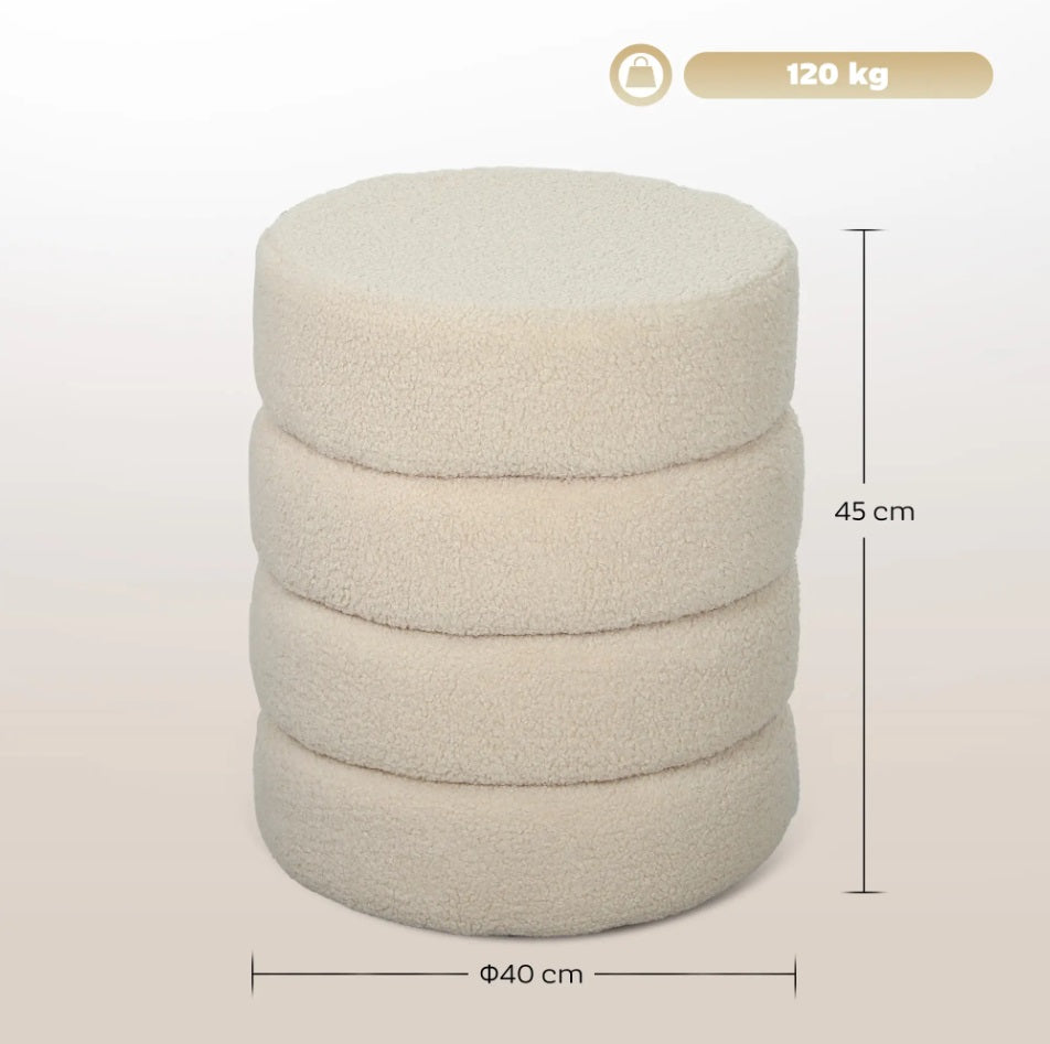 Runder Hocker Beige (Ø40 cm) – Teddyfleece Ottomane mit Holzbeinen und 120 kg Belastbarkeit