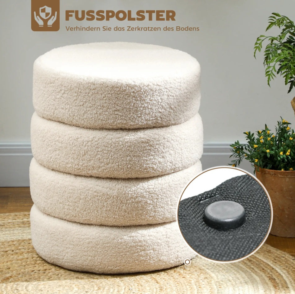 Runder Hocker Beige (Ø40 cm) – Teddyfleece Ottomane mit Holzbeinen und 120 kg Belastbarkeit