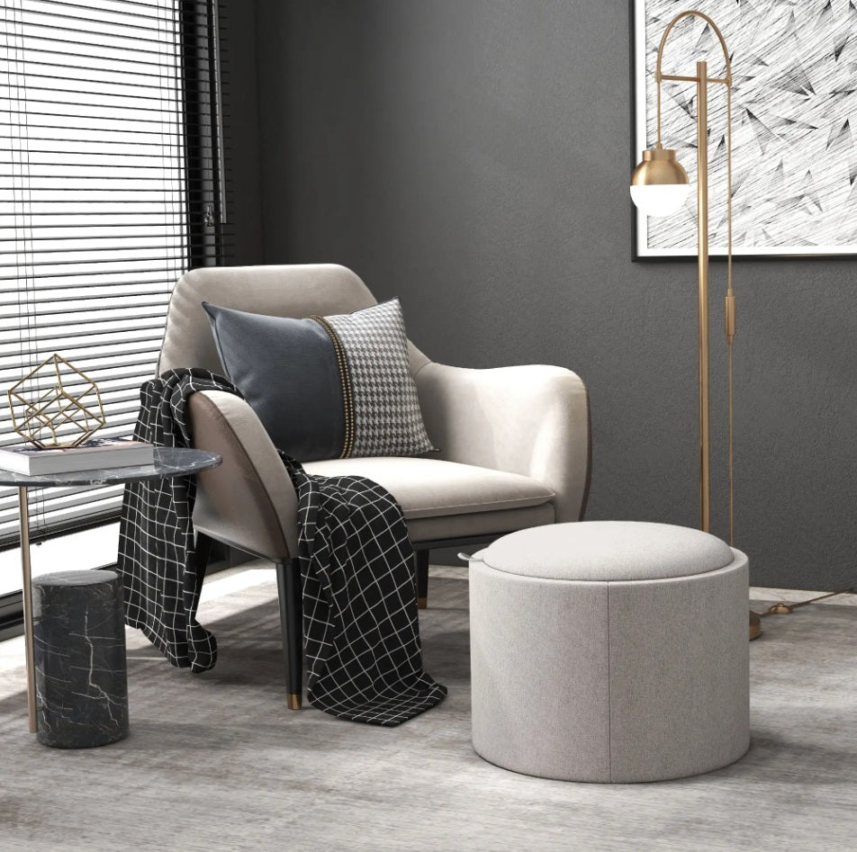 Hocker Hellgrau (56x56 cm) mit Stauraum – Leinenoptik Ottomane mit umkehrbarem Tablett-Deckel