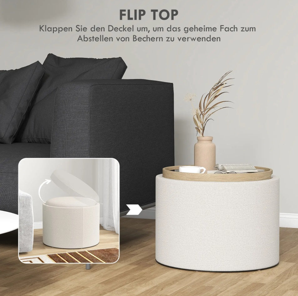 Hocker Cremeweiß (56x56 cm) mit Stauraum – Leinenoptik Ottomane mit umkehrbarem Tablett-Deckel