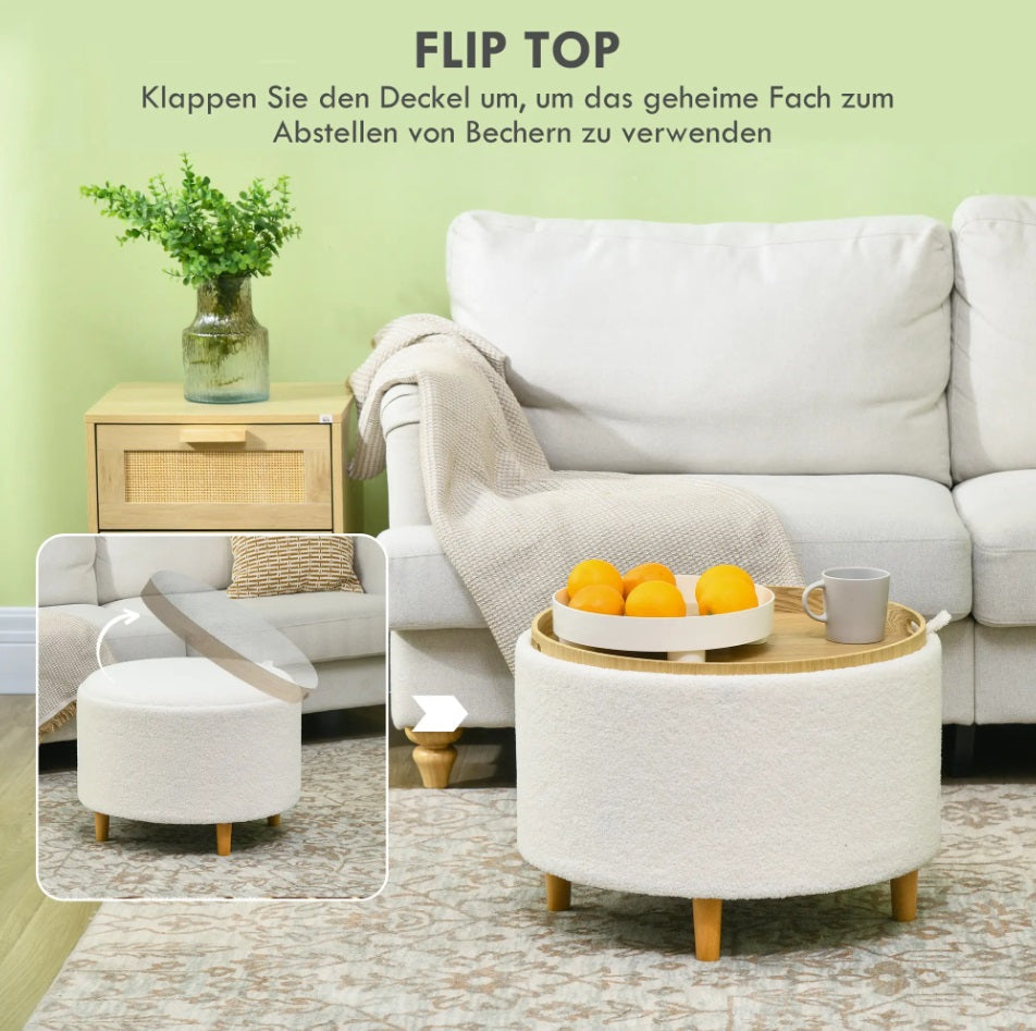 Hocker Weiß (56x56 cm) mit Stauraum – Teddyfleece Ottomane mit umkehrbarem Tablett-Deckel