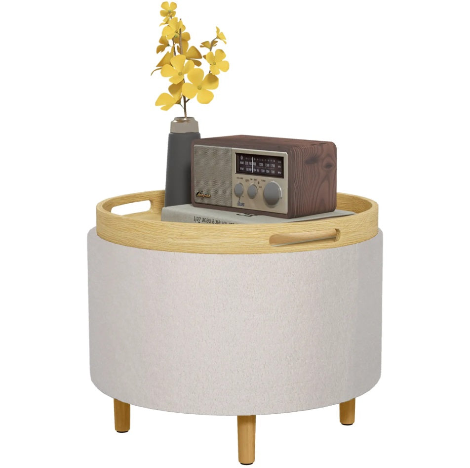 Hocker Weiß (56x56 cm) mit Stauraum – Teddyfleece Ottomane mit umkehrbarem Tablett-Deckel