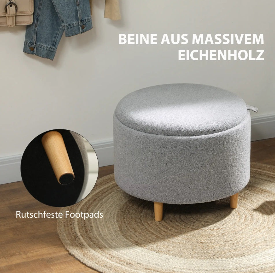 Hocker Grau (56x56 cm) mit Stauraum – Teddyfleece Ottomane mit umkehrbarem Tablett-Deckel