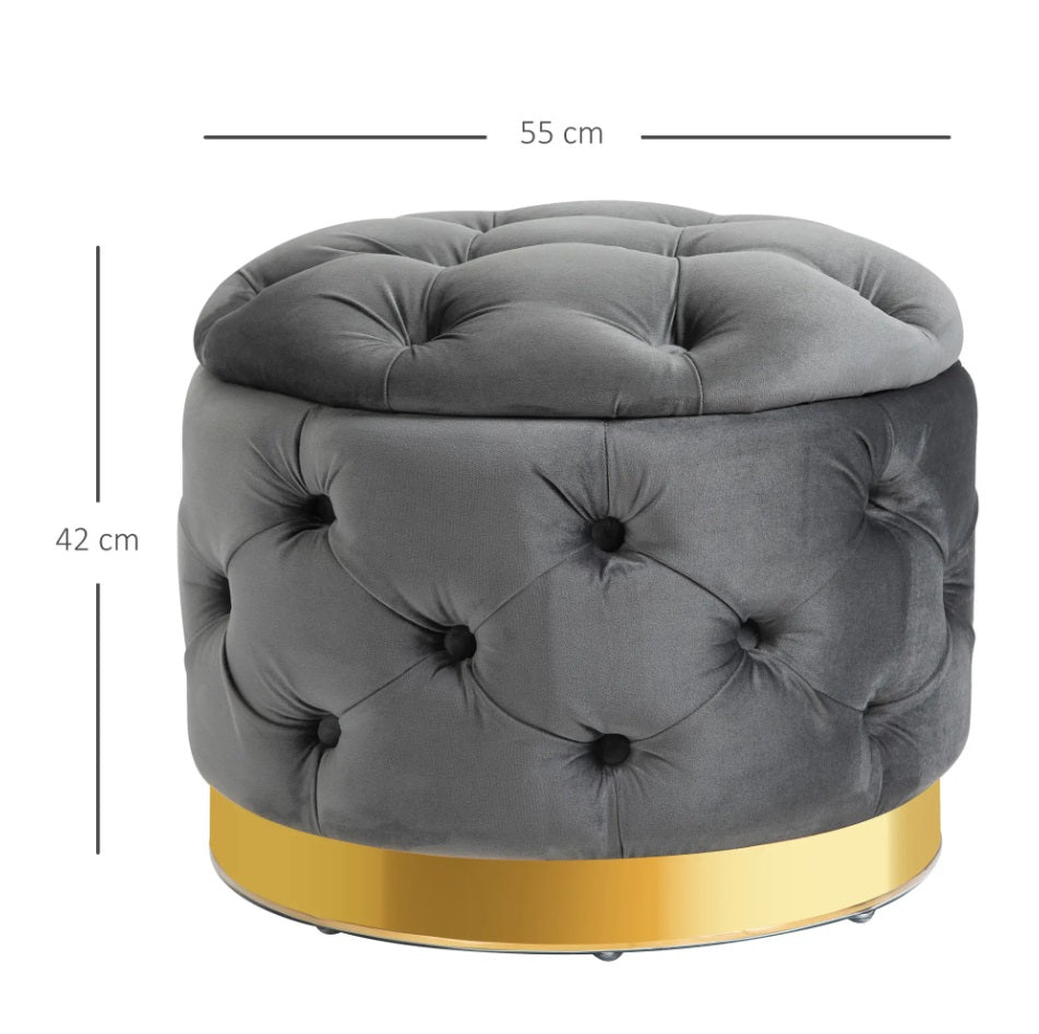 Vintage Hocker Kohlegrau (55x55 cm) mit Stauraum – Samt-Optik Ottomane mit Knopfheftung und Metallbasis