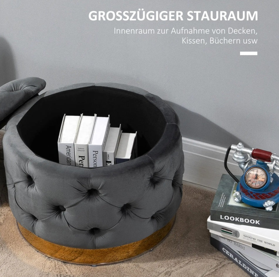 Vintage Hocker Kohlegrau (55x55 cm) mit Stauraum – Samt-Optik Ottomane mit Knopfheftung und Metallbasis