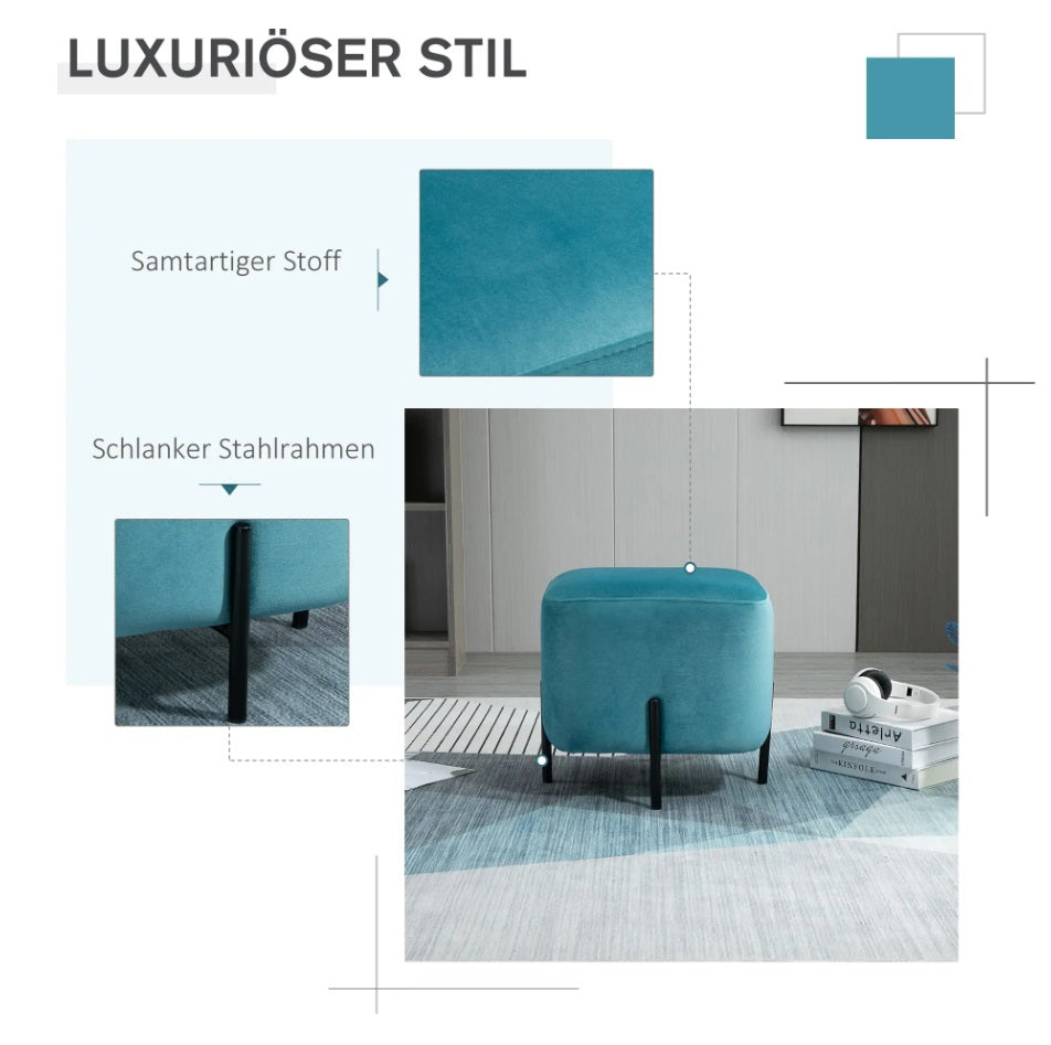 Quadratischer Fußhocker Türkis (44,5 cm) – Samt-Optik Ottomane mit Stahlrahmen und 110 kg Belastbarkeit