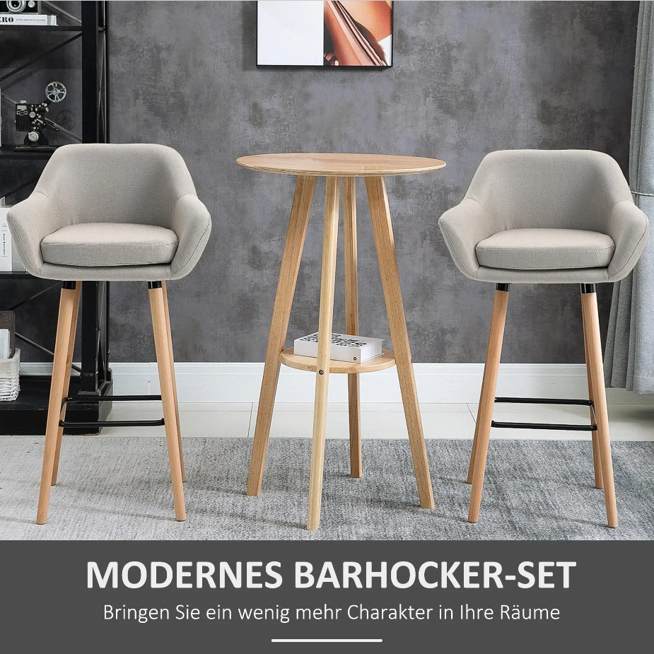 2er-Set Barhocker Beige – Gepolstert, mit Rückenlehne & Armlehnen, Massivholz (Sitzhöhe 80 cm)