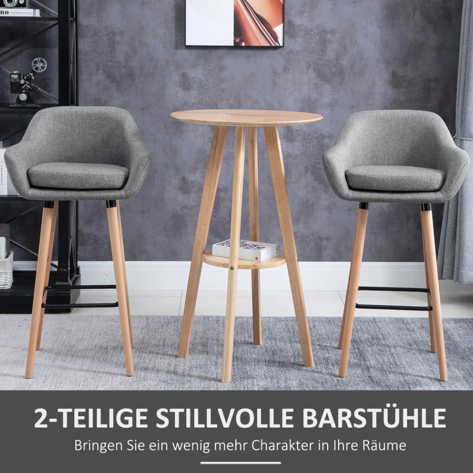 2er-Set Barhocker Grau – Gepolstert, mit Rückenlehne & Armlehnen, Massivholz (Sitzhöhe 80 cm)