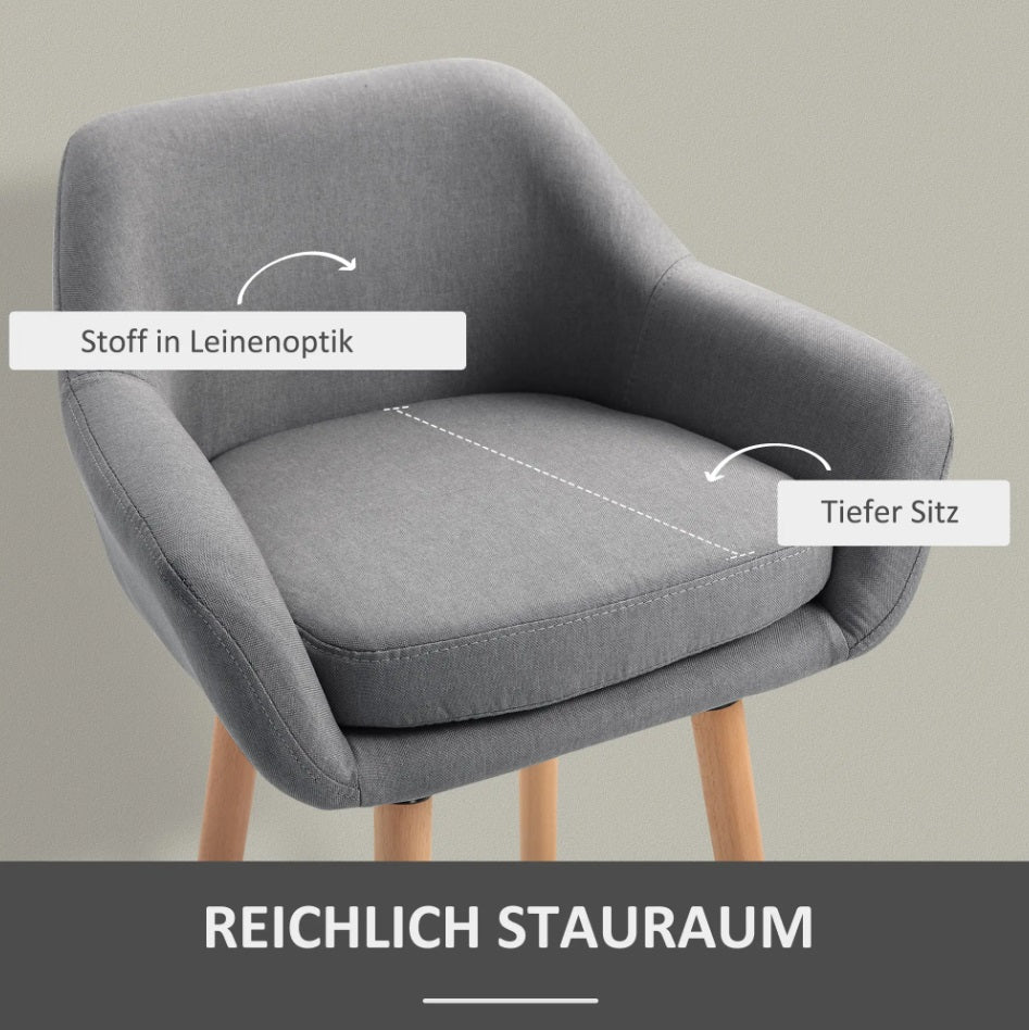 2er-Set Barhocker Grau – Gepolstert, mit Rückenlehne & Armlehnen, Massivholz (Sitzhöhe 80 cm)