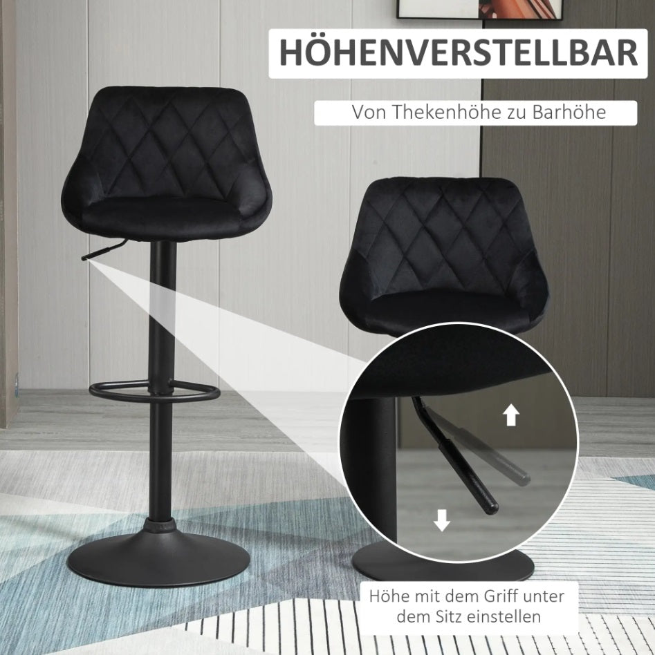 2er Barhocker Set Schwarz – Höhenverstellbar, Drehbar, Samtoptik mit Diamant-Tufting (60–81 cm)