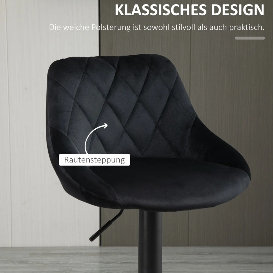 2er Barhocker Set Schwarz – Höhenverstellbar, Drehbar, Samtoptik mit Diamant-Tufting (60–81 cm)