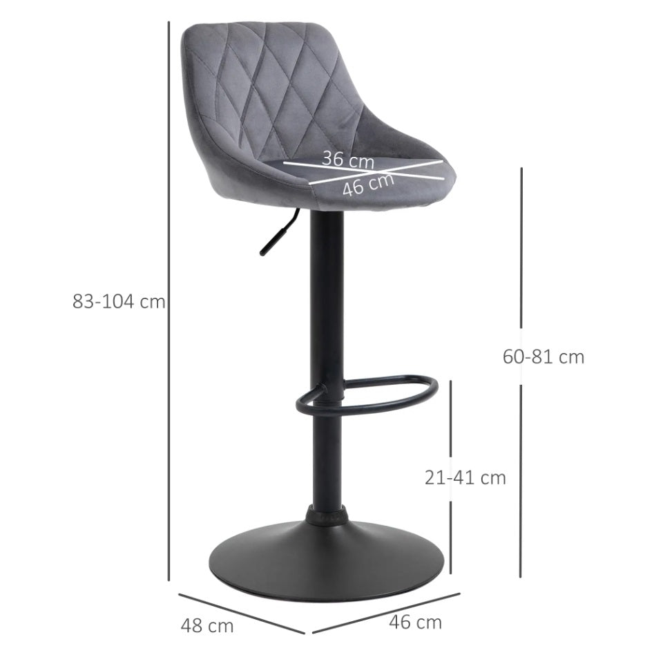 2er Barhocker Set Dunkelgrau – Höhenverstellbar, Drehbar, Samtoptik mit Rautenmuster (60–81 cm)