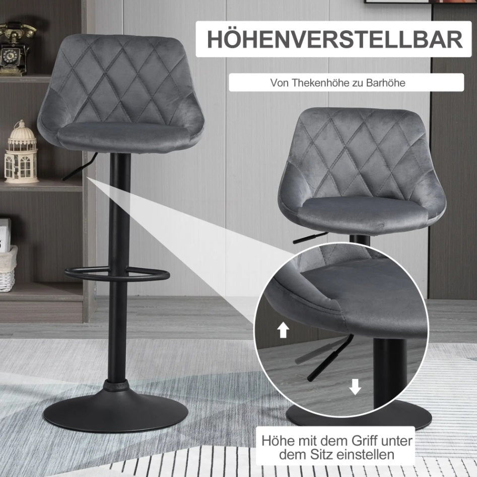 2er Barhocker Set Dunkelgrau – Höhenverstellbar, Drehbar, Samtoptik mit Rautenmuster (60–81 cm)