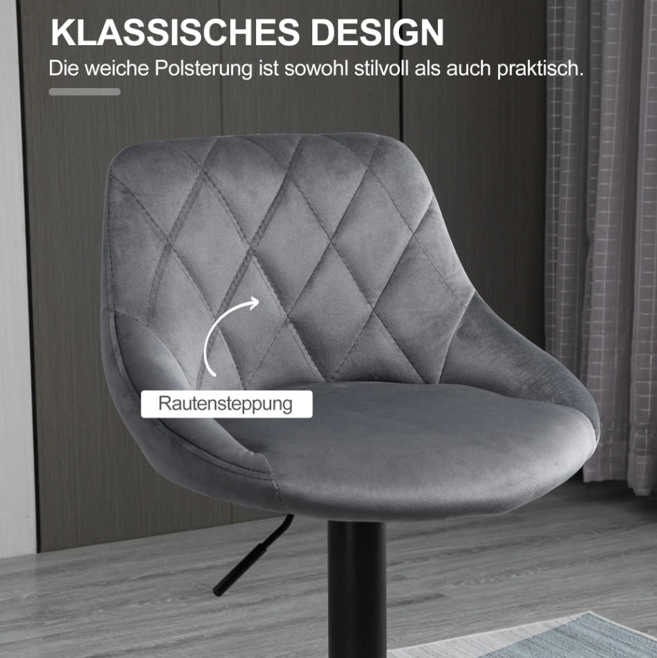 2er Barhocker Set Dunkelgrau – Höhenverstellbar, Drehbar, Samtoptik mit Rautenmuster (60–81 cm)