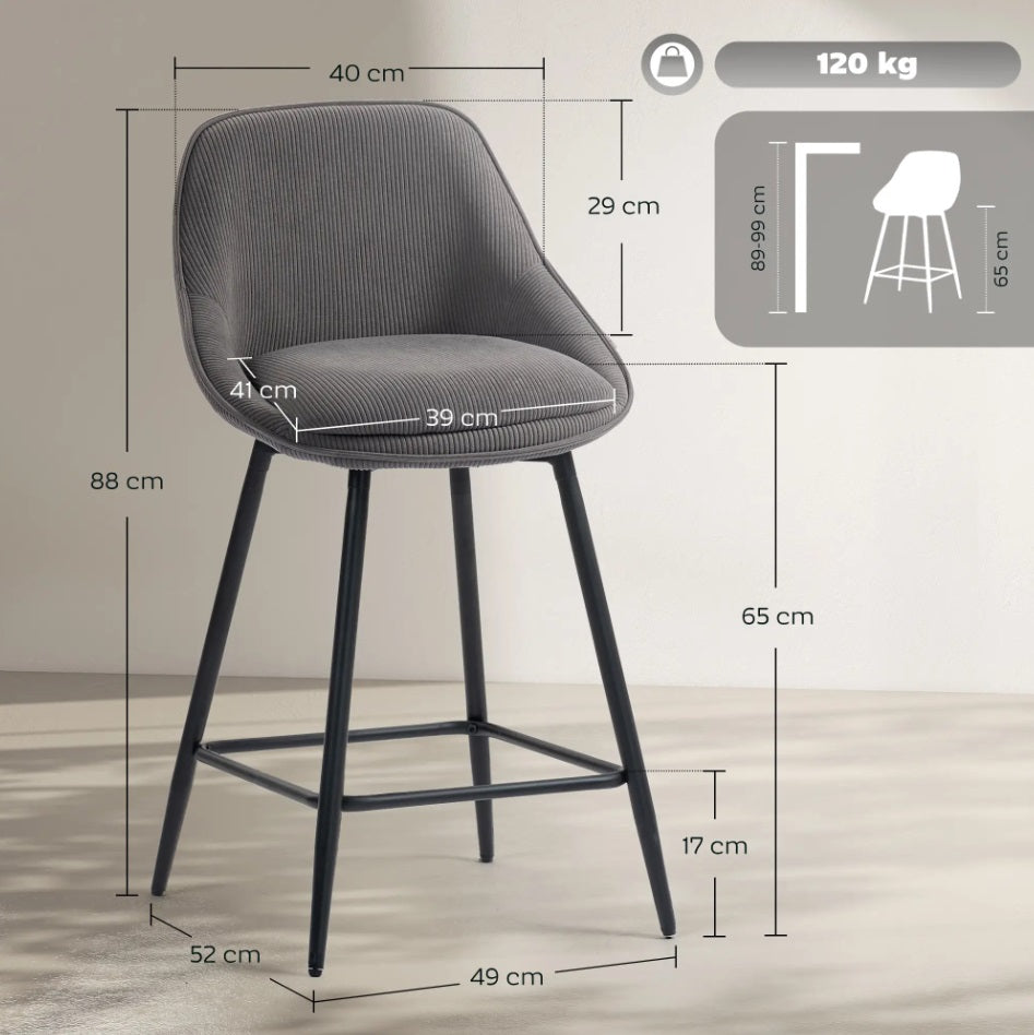 2er-Set Barhocker Grau – Tresenstühle mit Cordbezug, Drehbar, Stahlbeine (Sitzhöhe 65 cm)