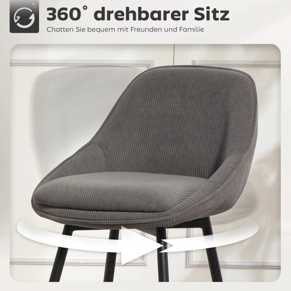 2er-Set Barhocker Grau – Tresenstühle mit Cordbezug, Drehbar, Stahlbeine (Sitzhöhe 65 cm)