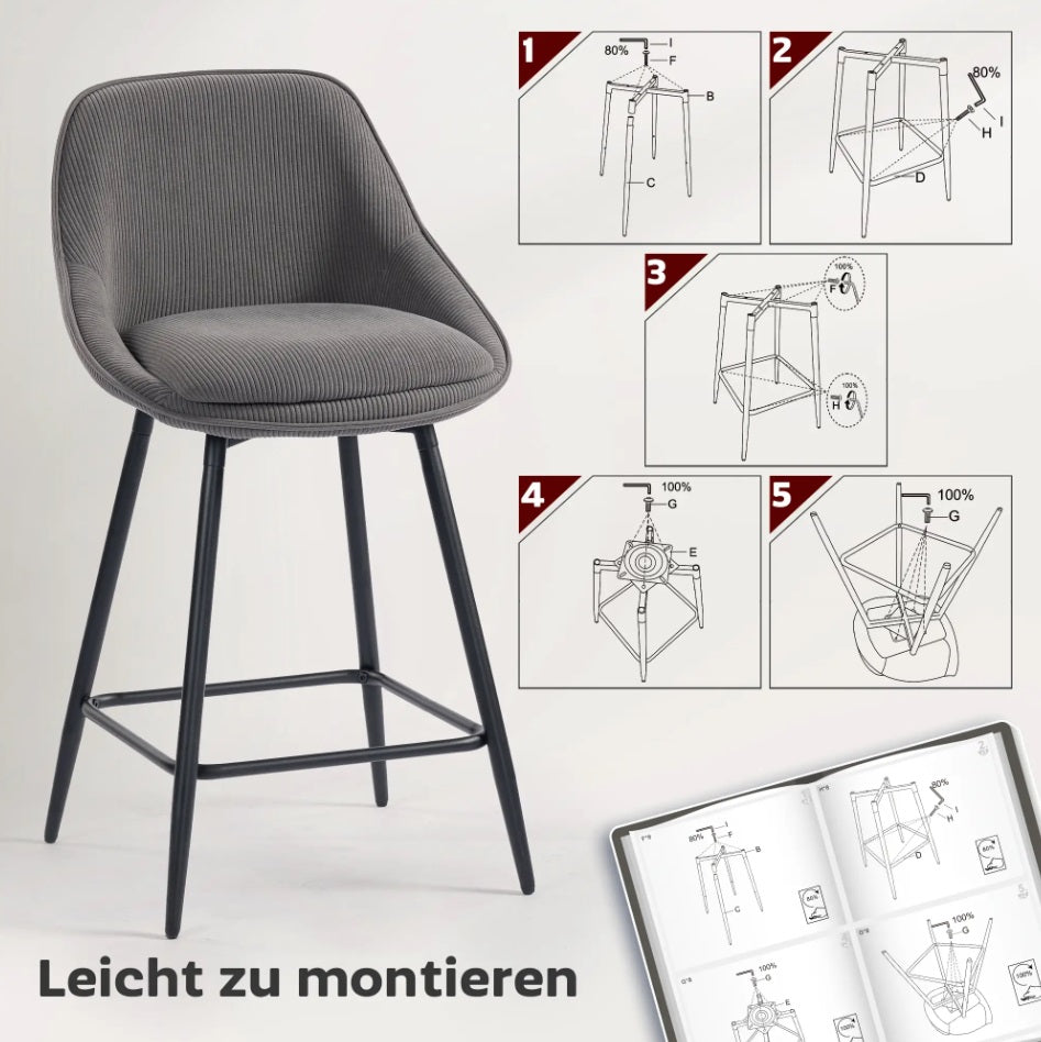 2er-Set Barhocker Grau – Tresenstühle mit Cordbezug, Drehbar, Stahlbeine (Sitzhöhe 65 cm)